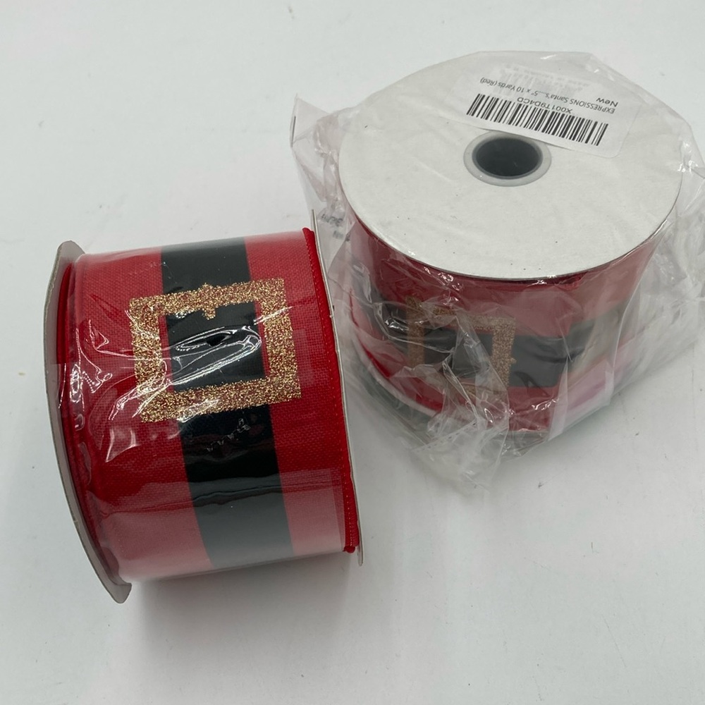 (2) Spools Red/Black w/Gold Buckle Design Wire Ribbon - 20 yards total